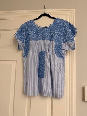 Blue Embroidered Striped Women’s Top